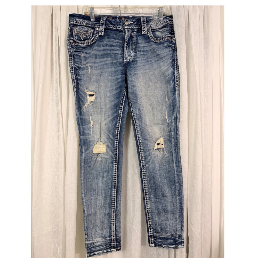 Rock Revival Lisely Skinny Jeans Blue Distressed Embellished Size 31 Womens
